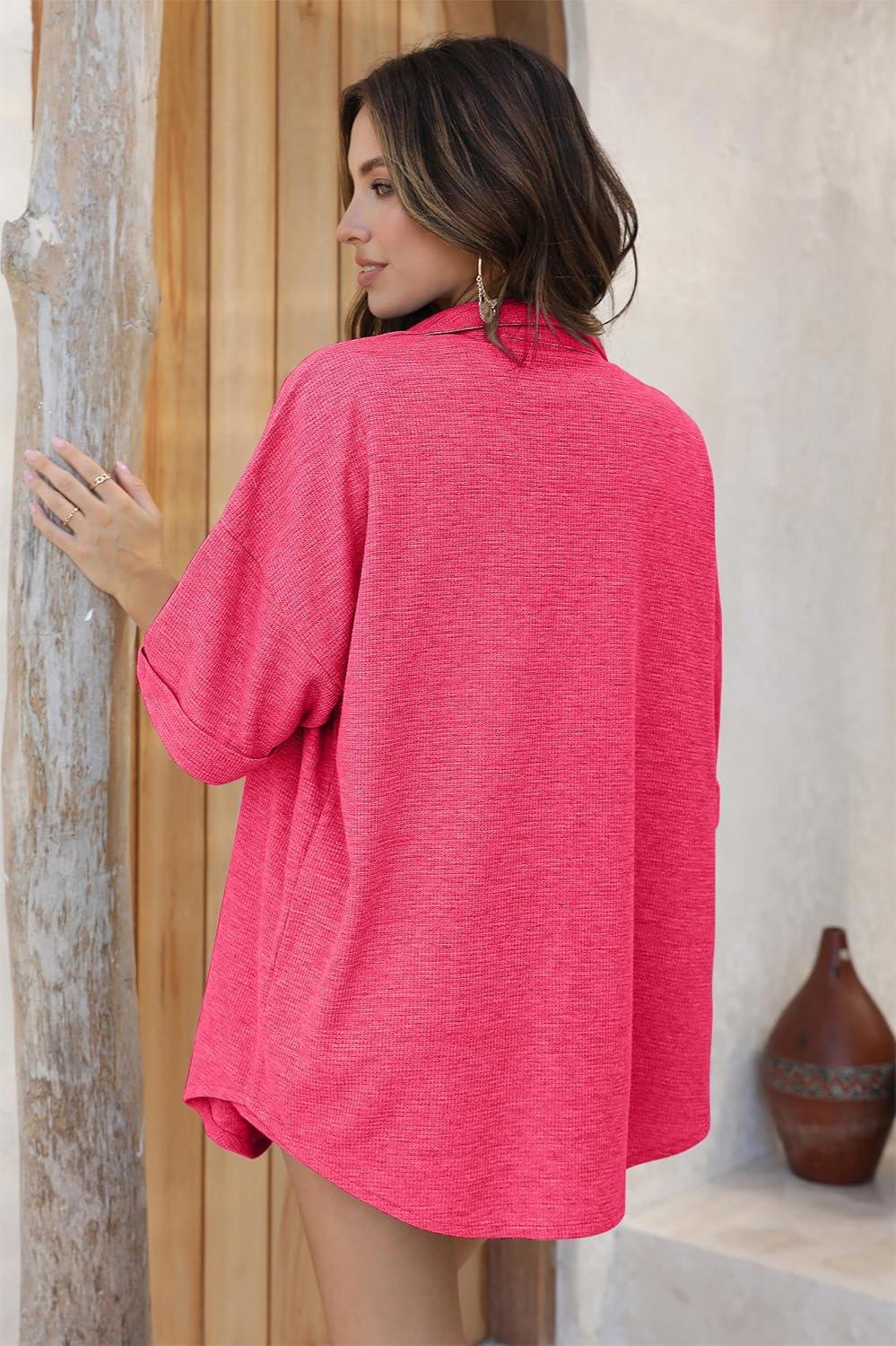 imageEkouaer Waffle Knit Lounge Sets for Women Short Sleeve Pajamas Button Down Pjs Oversized Loungewear Shorts SetRose Red
