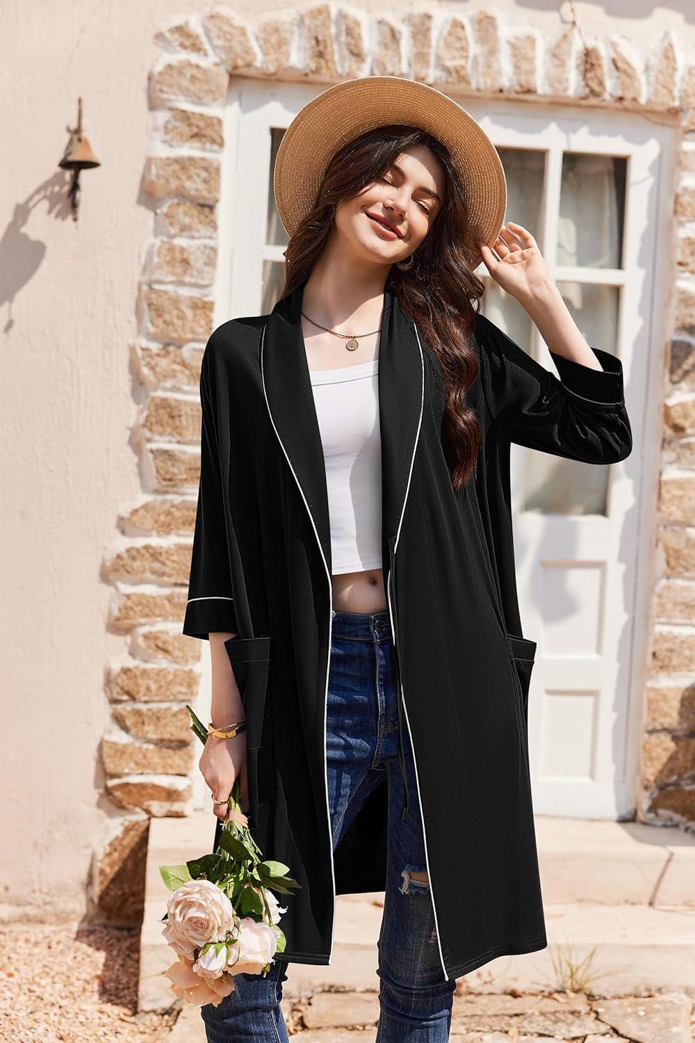 imageEkouaer Women Robes Shawl Collar Bathrobe Short Kimono Robe Soft Knit Bathrobes Ladies Sleepwear with Pockets Black XXLarge