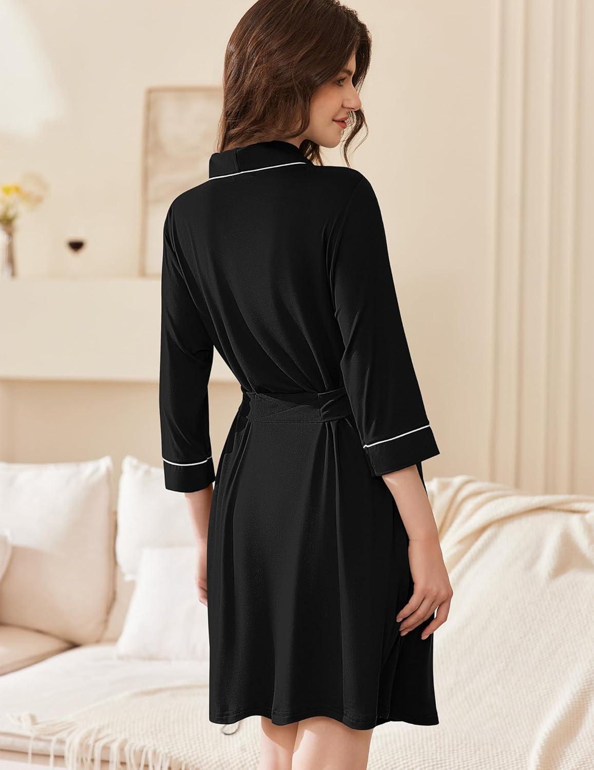 imageEkouaer Women Robes Shawl Collar Bathrobe Short Kimono Robe Soft Knit Bathrobes Ladies Sleepwear with Pockets Black XXLarge