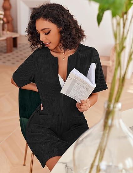imageEkouaer Women Zipper Robes Knit Short Bathrobe Lightweight House Coat with Pockets Soft NightgownBlack