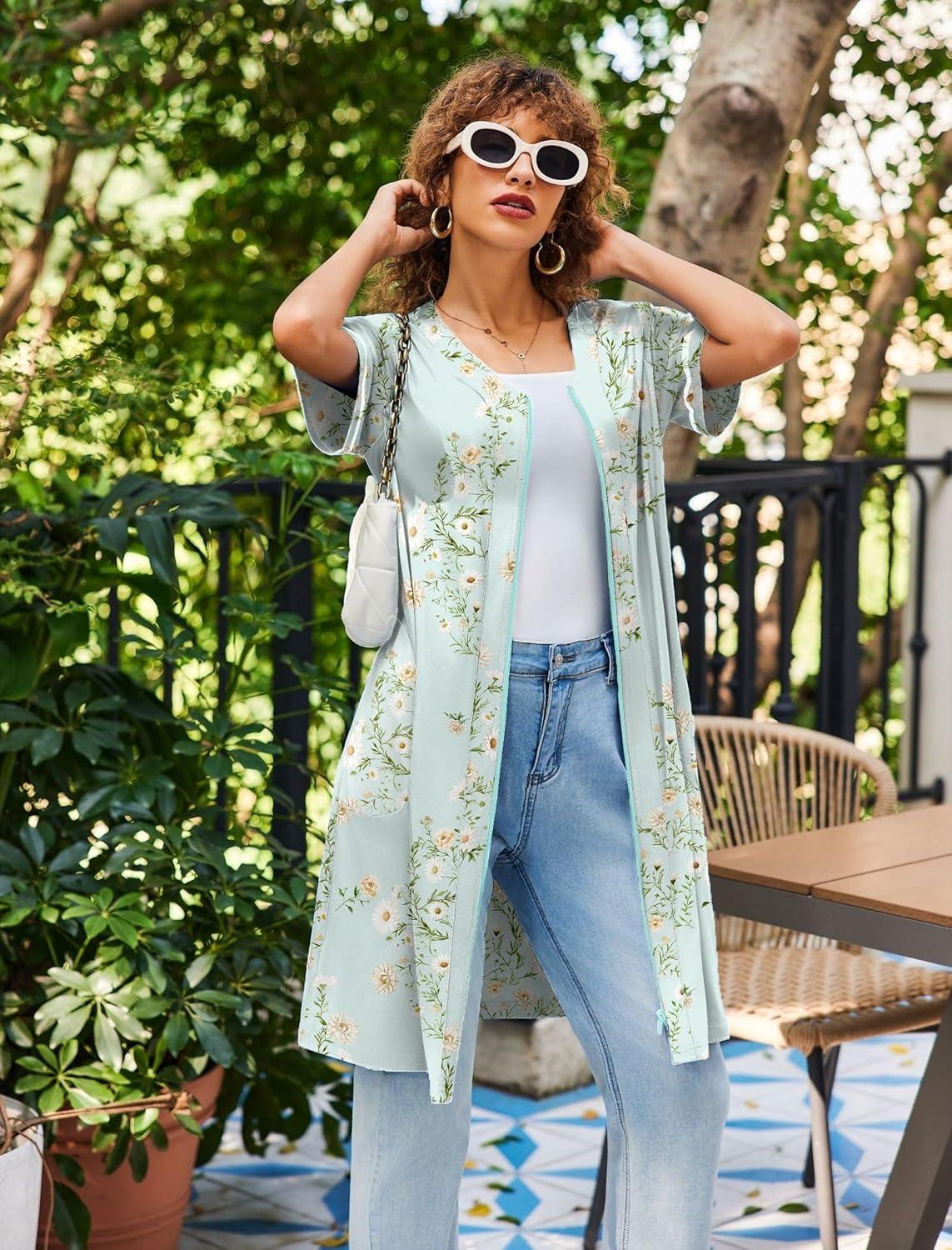 imageEkouaer Women Zipper Robes Short Sleeves Housecoat Lightweight Bathrobes Zip Up Robe Casual Nightgown with Pockets S2XLLight Green Floral