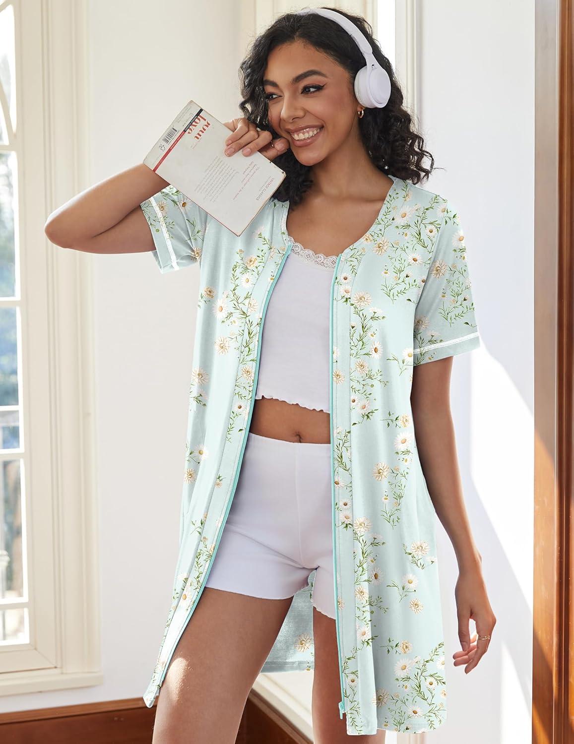 imageEkouaer Women Zipper Robes Short Sleeves Housecoat Lightweight Bathrobes Zip Up Robe Casual Nightgown with Pockets S2XLLight Green Floral
