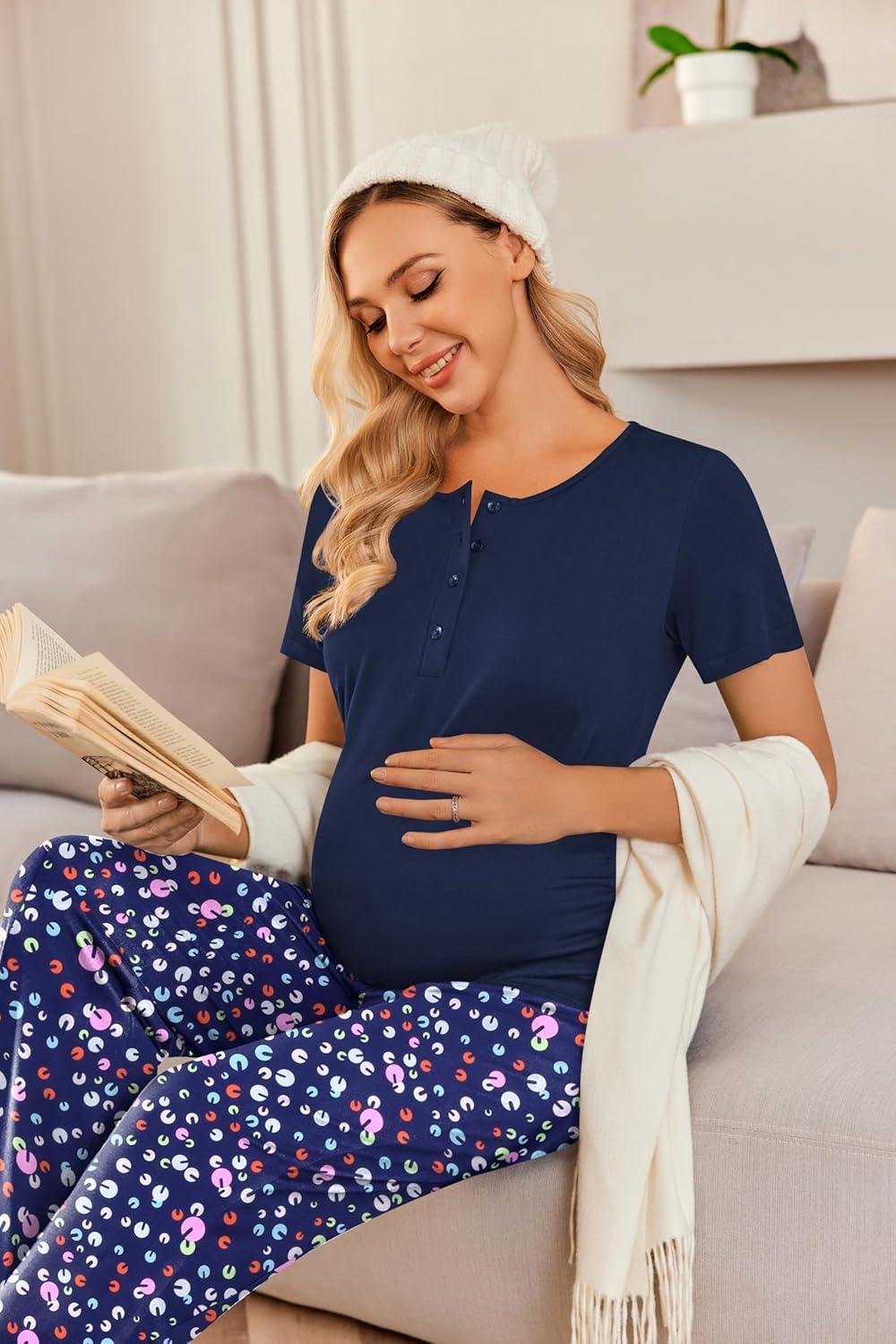 imageEkouaer Womens Maternity Nursing Pajamas Sets Breastfeeding Printed Sleepwear Short Sleeve 2 Pcs Henley Top and Pants SetNavy Blue Print