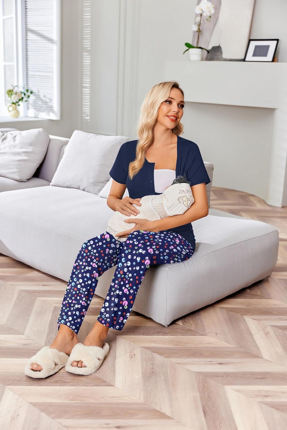 imageEkouaer Womens Maternity Nursing Pajamas Sets Breastfeeding Printed Sleepwear Short Sleeve 2 Pcs Henley Top and Pants SetNavy Blue Print