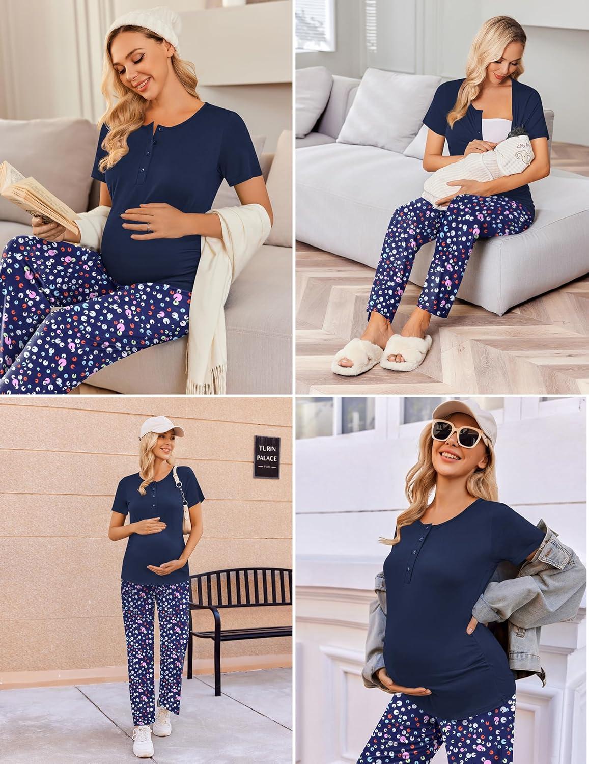 imageEkouaer Womens Maternity Nursing Pajamas Sets Breastfeeding Printed Sleepwear Short Sleeve 2 Pcs Henley Top and Pants SetNavy Blue Print