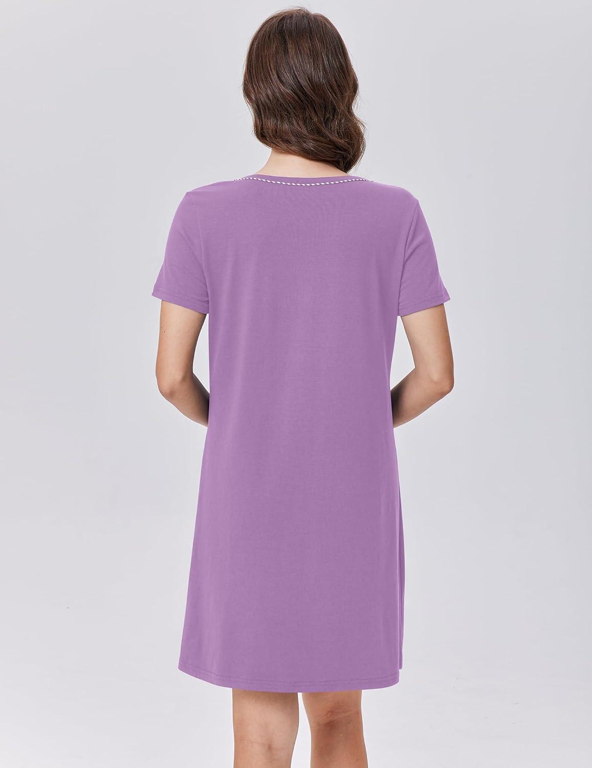 imageEkouaer Womens Nightgown Cotton Nightshirts Short Sleeve Sleep Shirt with Chest Pocket Crewneck Nightdress Lilac XXL