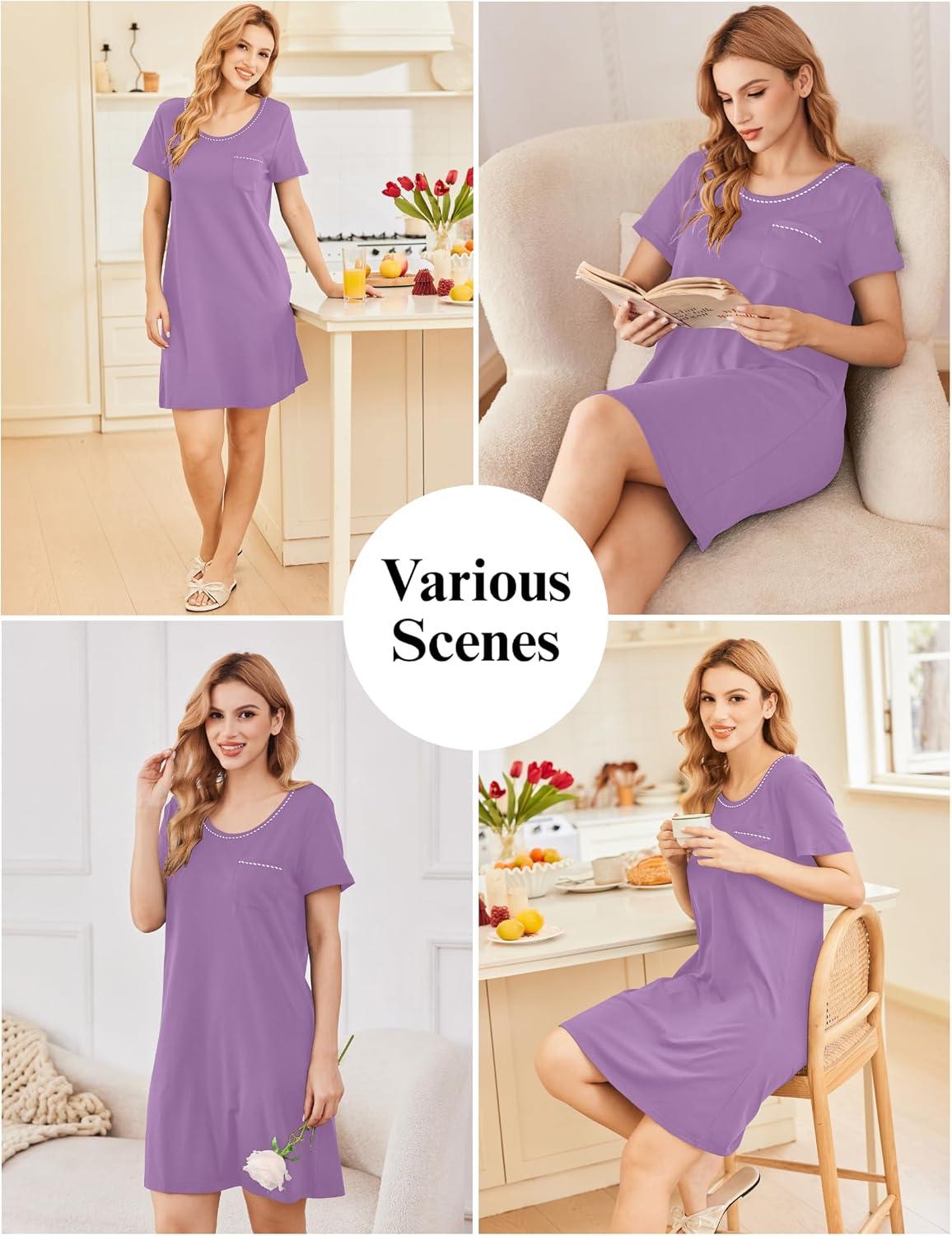 imageEkouaer Womens Nightgown Cotton Nightshirts Short Sleeve Sleep Shirt with Chest Pocket Crewneck Nightdress Lilac XXL