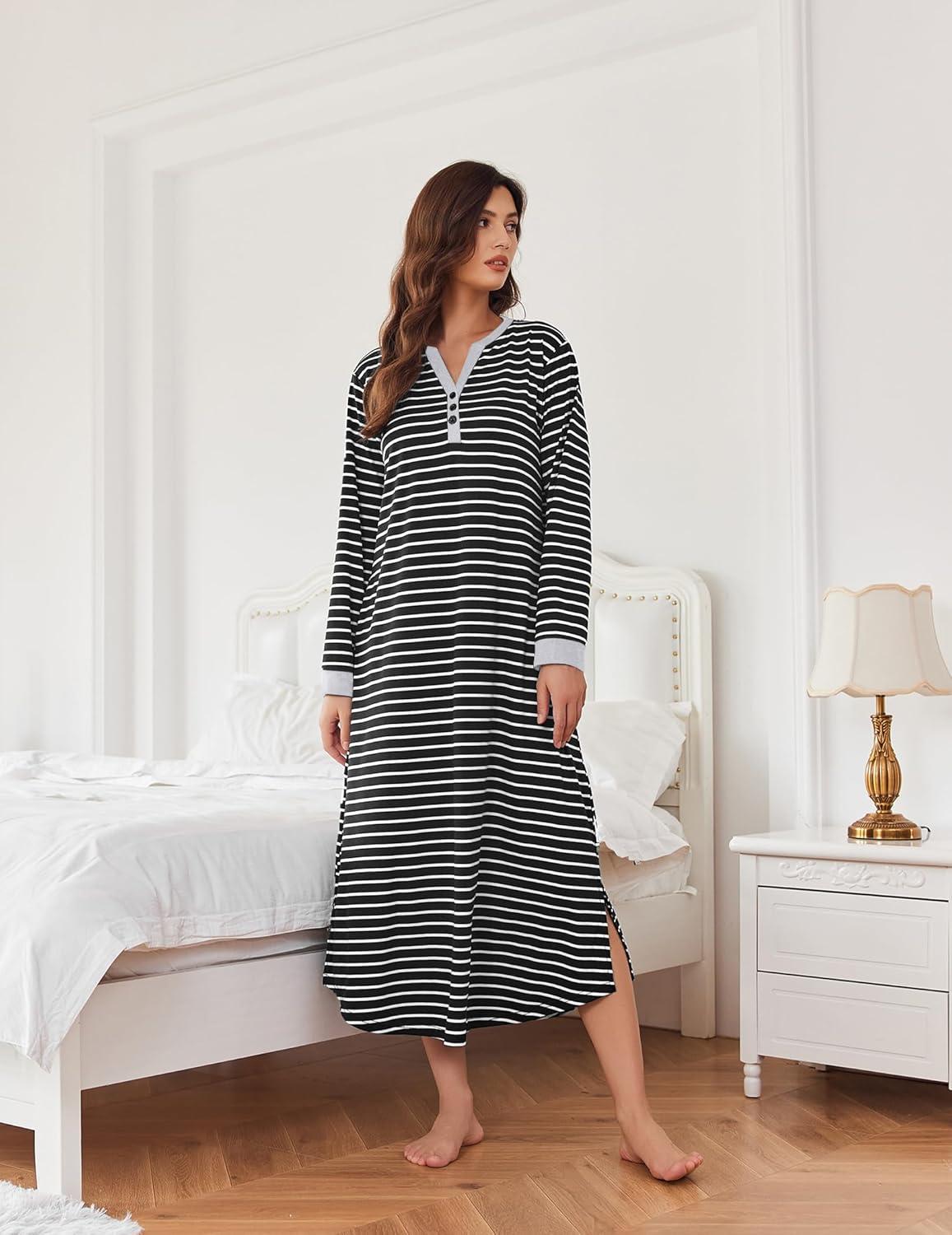 imageEkouaer Womens Nightgown Long Loungewear V Neck Nightshirt Sleepwear Full Length Sleepshirt with PocketsBlack White Striped