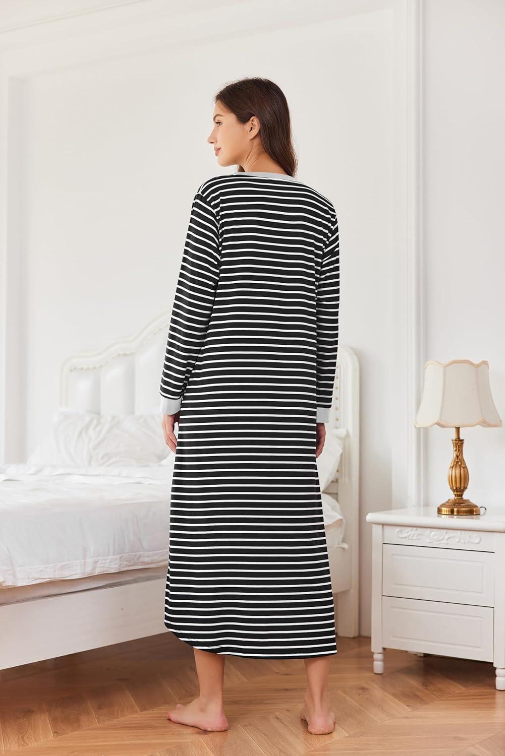 imageEkouaer Womens Nightgown Long Loungewear V Neck Nightshirt Sleepwear Full Length Sleepshirt with PocketsBlack White Striped