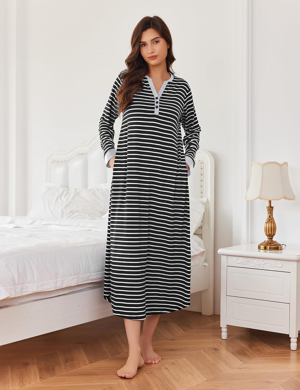 imageEkouaer Womens Nightgown Long Loungewear V Neck Nightshirt Sleepwear Full Length Sleepshirt with PocketsBlack White Striped
