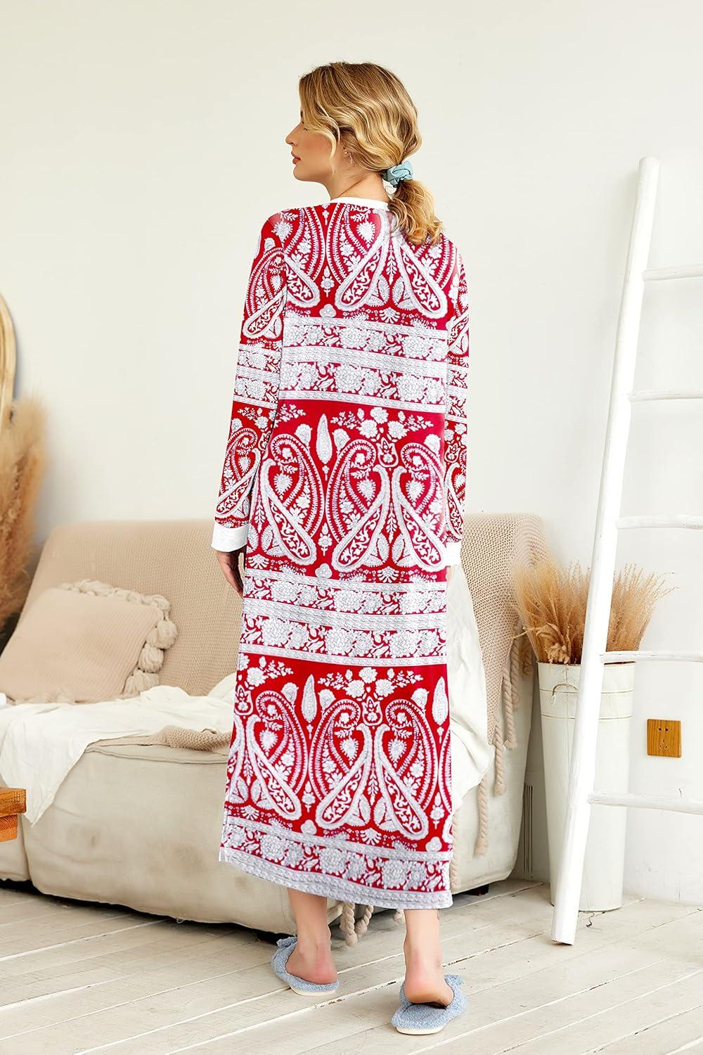 imageEkouaer Womens Nightgown Long Loungewear V Neck Nightshirt Sleepwear Full Length Sleepshirt with PocketsRed Cashews