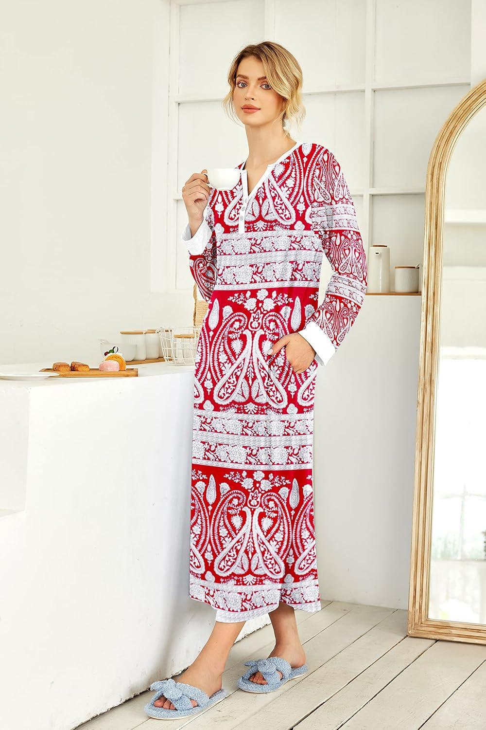 imageEkouaer Womens Nightgown Long Loungewear V Neck Nightshirt Sleepwear Full Length Sleepshirt with PocketsRed Cashews