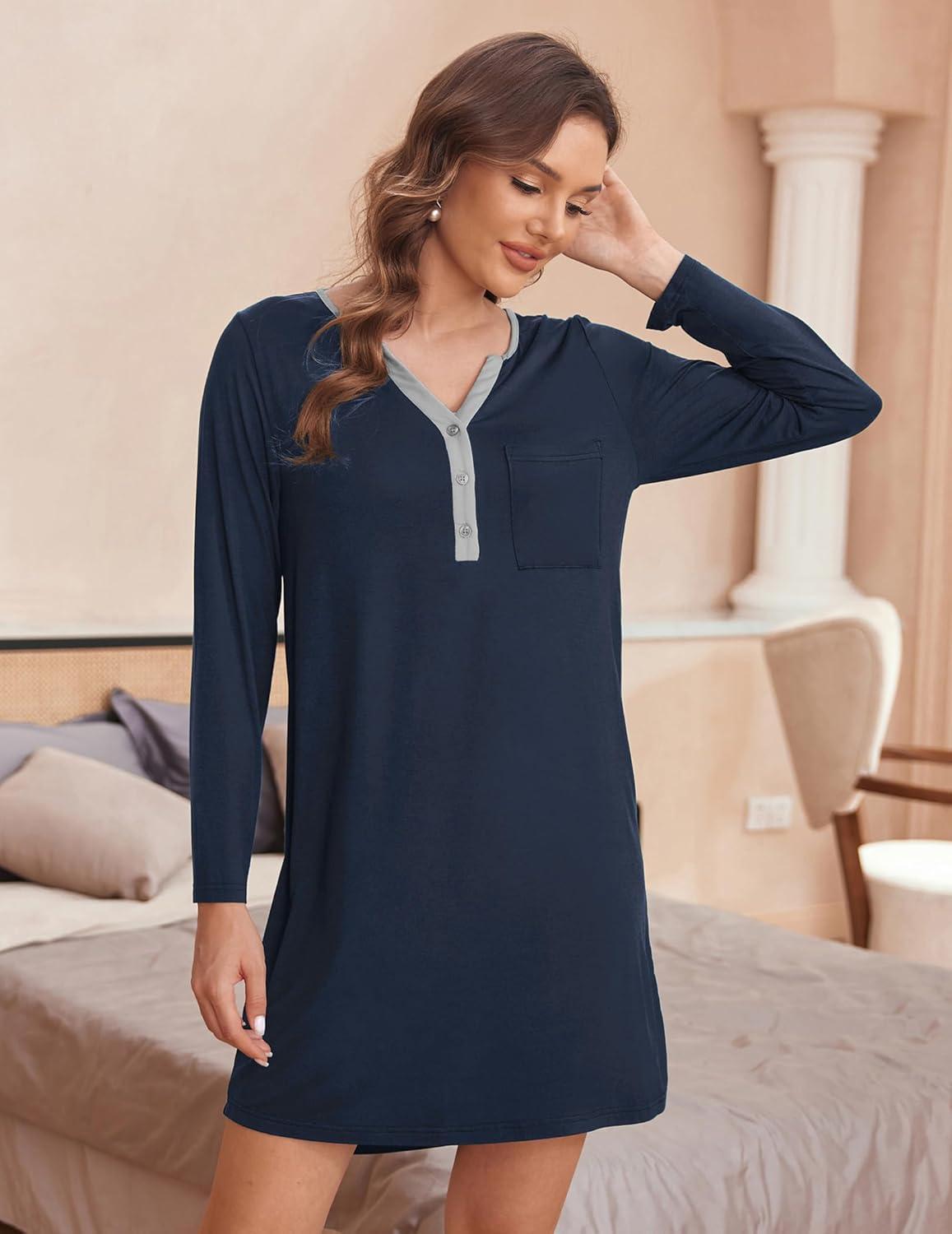 imageEkouaer Womens Nightshirt Long Sleeve Button Down Nightgown VNeck Sleepwear Casual Pajama DressDark Blue
