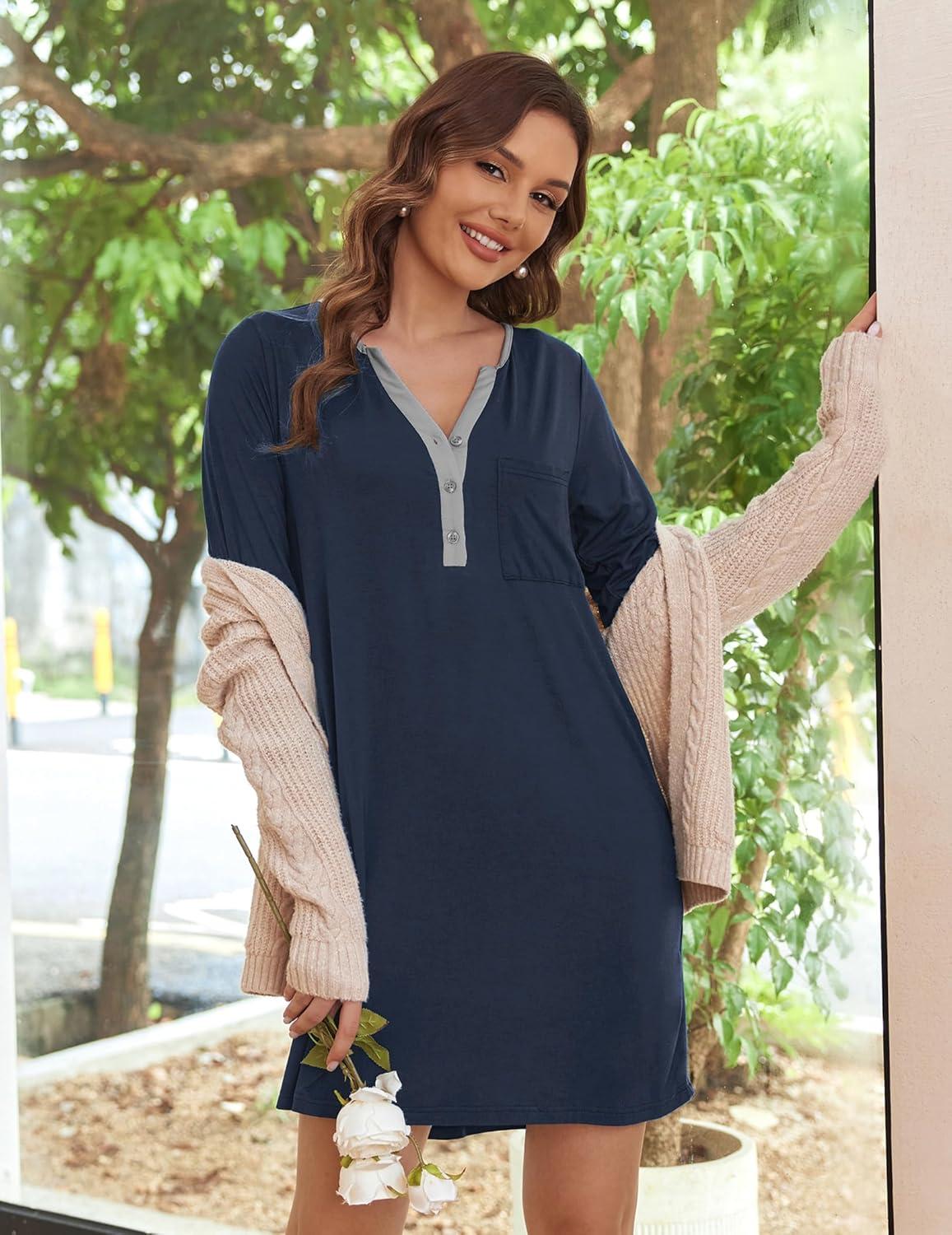 imageEkouaer Womens Nightshirt Long Sleeve Button Down Nightgown VNeck Sleepwear Casual Pajama DressDark Blue