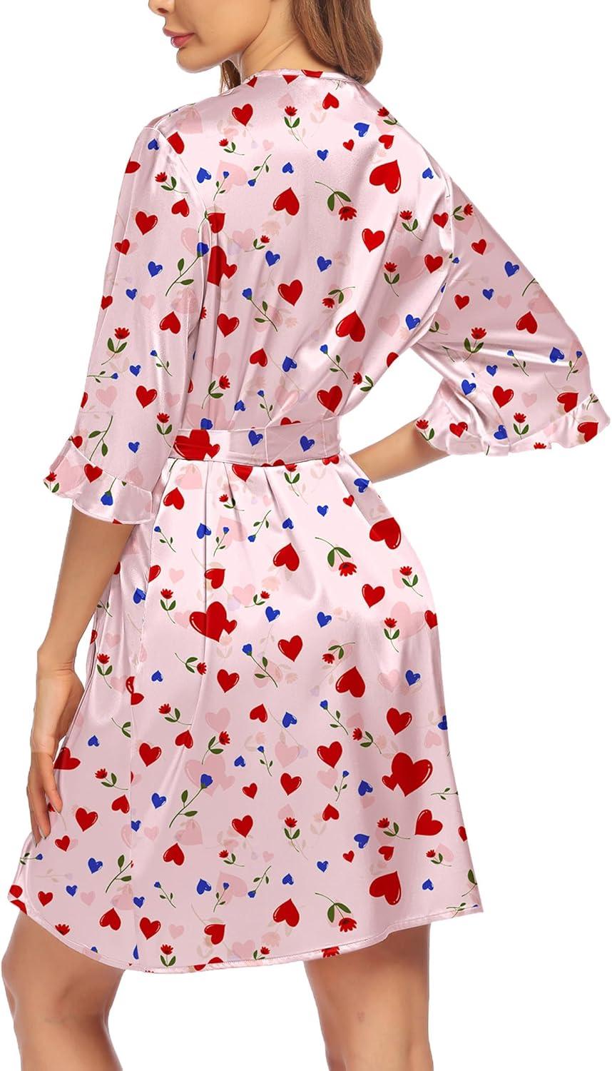 imageEkouaer Womens Satin Robe Valentines Lingerie for Women Kimono Bathrobe Short Ruffle Belted Robes Bridesmaids SleepwearLove Rose