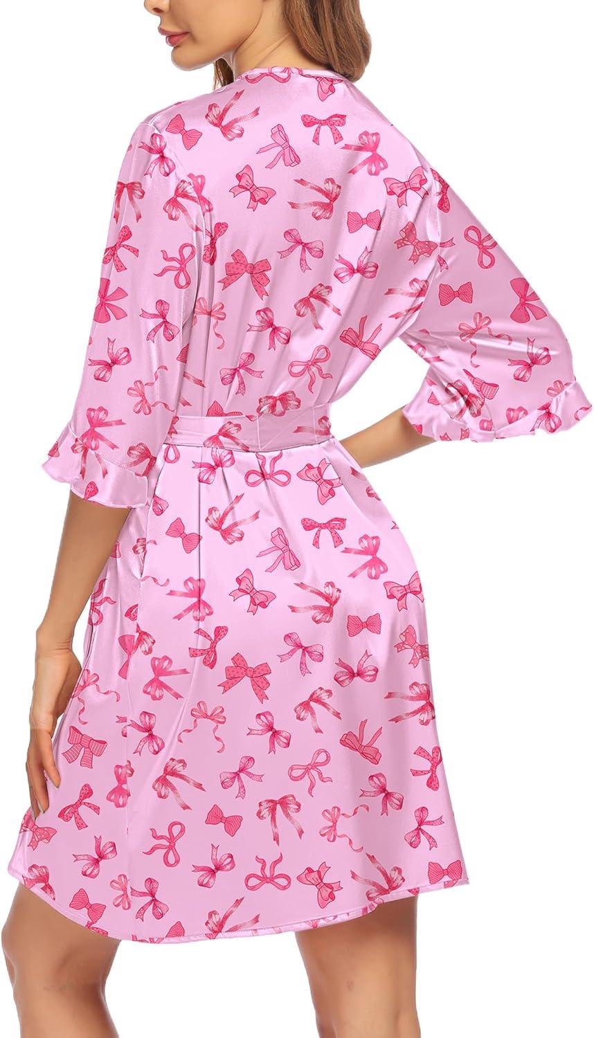 imageEkouaer Womens Satin Robe Valentines Lingerie for Women Kimono Bathrobe Short Ruffle Belted Robes Bridesmaids SleepwearPink Bow