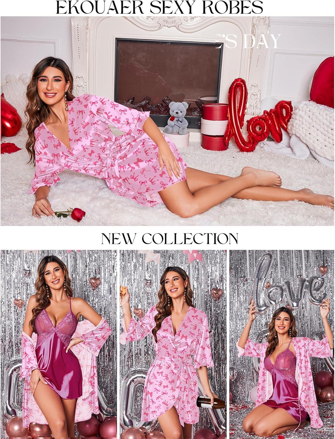 imageEkouaer Womens Satin Robe Valentines Lingerie for Women Kimono Bathrobe Short Ruffle Belted Robes Bridesmaids SleepwearPink Bow