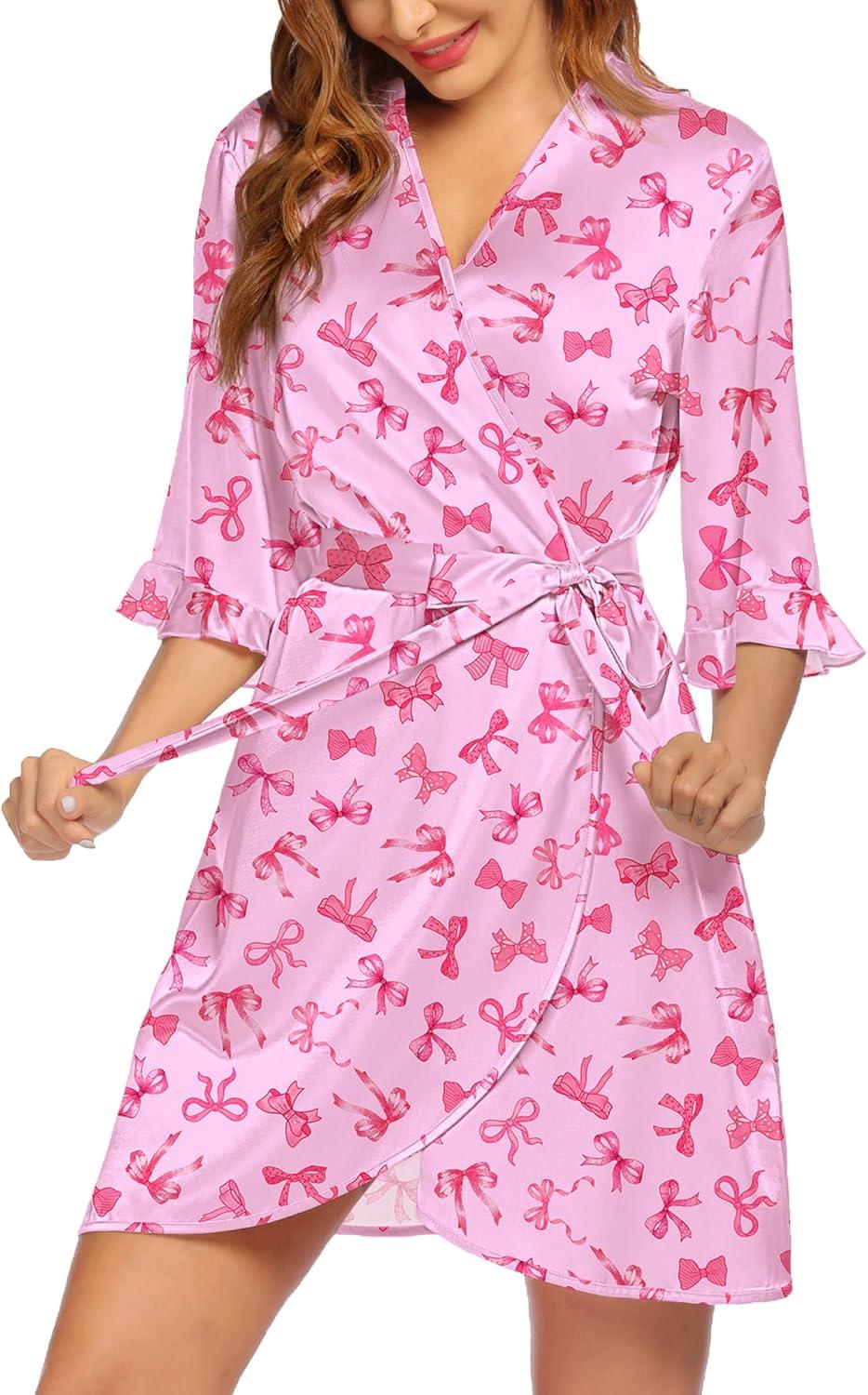 imageEkouaer Womens Satin Robe Valentines Lingerie for Women Kimono Bathrobe Short Ruffle Belted Robes Bridesmaids SleepwearPink Bow
