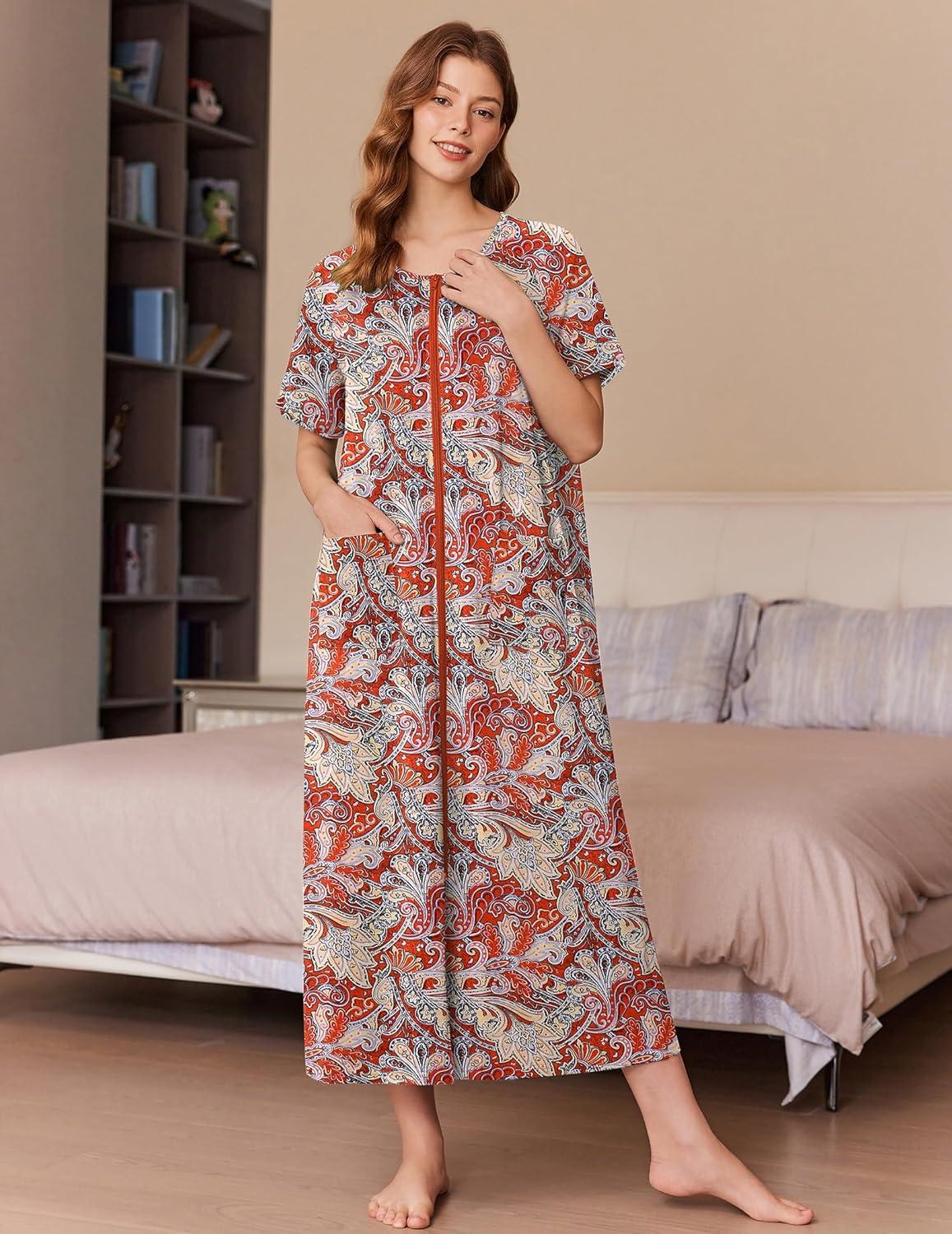 imageEkouaer Womens Zipper Robes Full Length Short Sleeve Housecoats House Dress with Pockets Loungewear Nightgown Red FlowerM