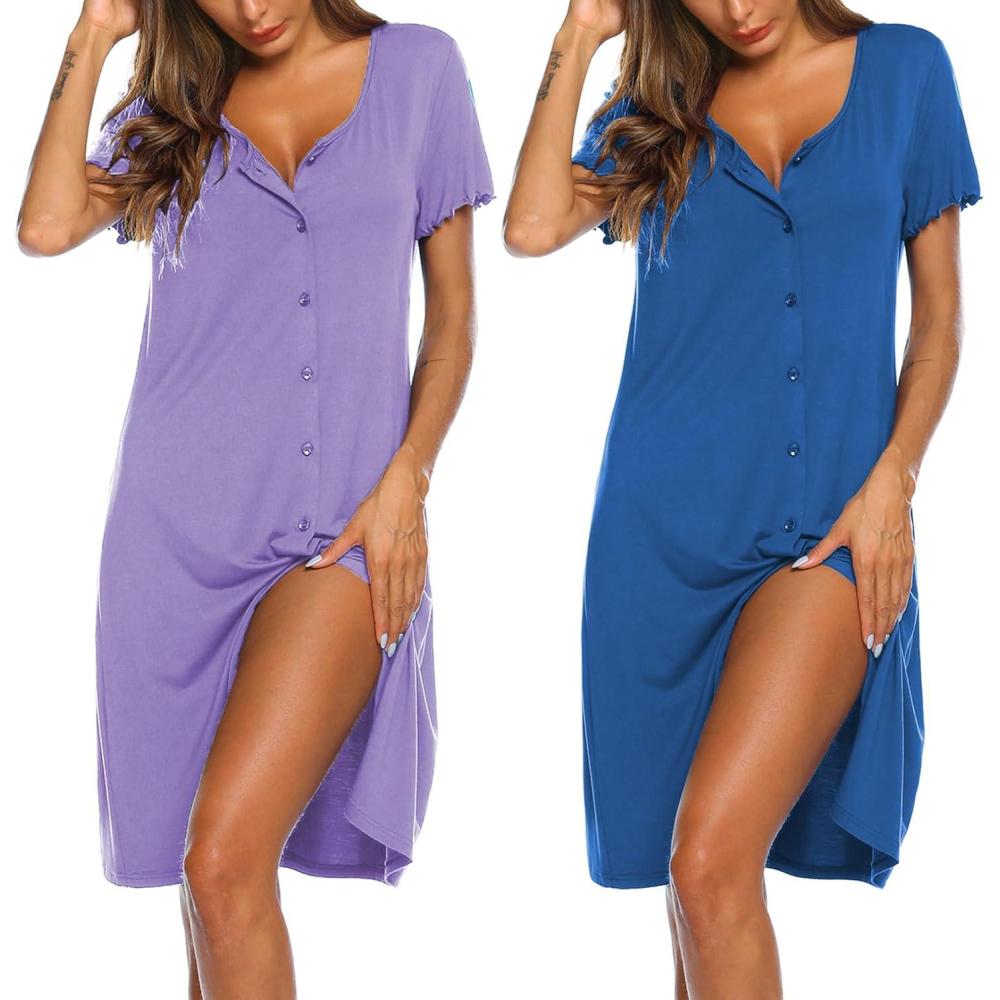imageEkouaer 2 Pack Nightgowns for Women Button Down Night Shirts Short Sleeve Sleep Shirts V Neck Sleepwear Pajama DressBlue lilac