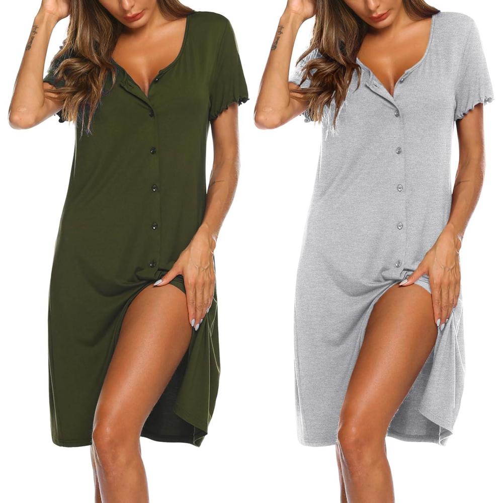 imageEkouaer 2 Pack Nightgowns for Women Button Down Night Shirts Short Sleeve Sleep Shirts V Neck Sleepwear Pajama DressGrey army Green