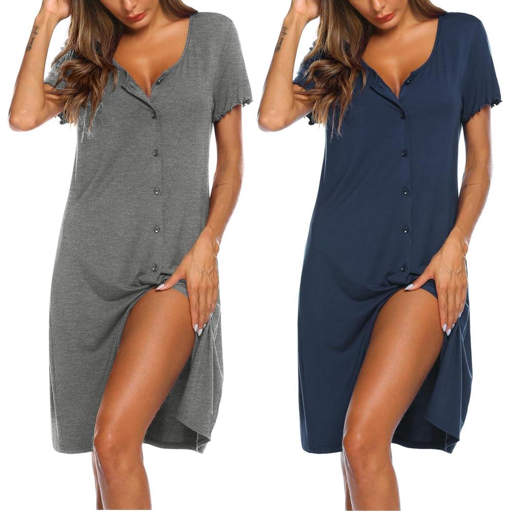 imageEkouaer 2 Pack Nightgowns for Women Button Down Night Shirts Short Sleeve Sleep Shirts V Neck Sleepwear Pajama DressNavy Blue Grey