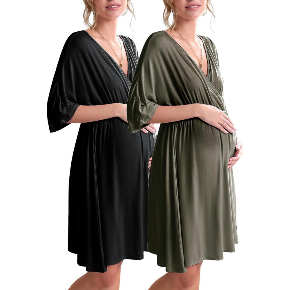 imageEkouaer 3 in 1 LaborDeliveryHospital Gown 2 Pack Maternity Dress Nursing Nightgown SleepwearBlackArmy Green