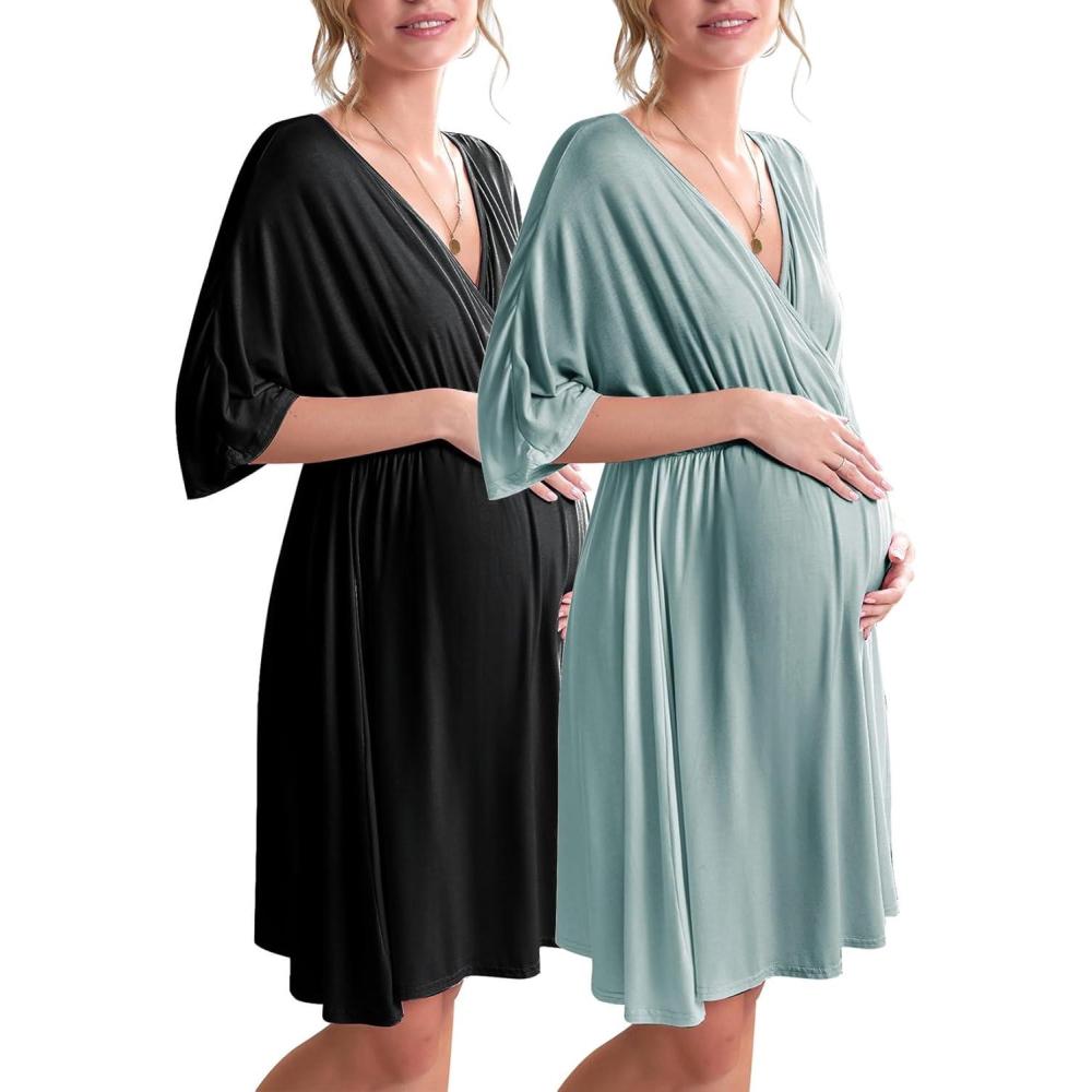 imageEkouaer 3 in 1 LaborDeliveryHospital Gown 2 Pack Maternity Dress Nursing Nightgown SleepwearBlackCeladon Green