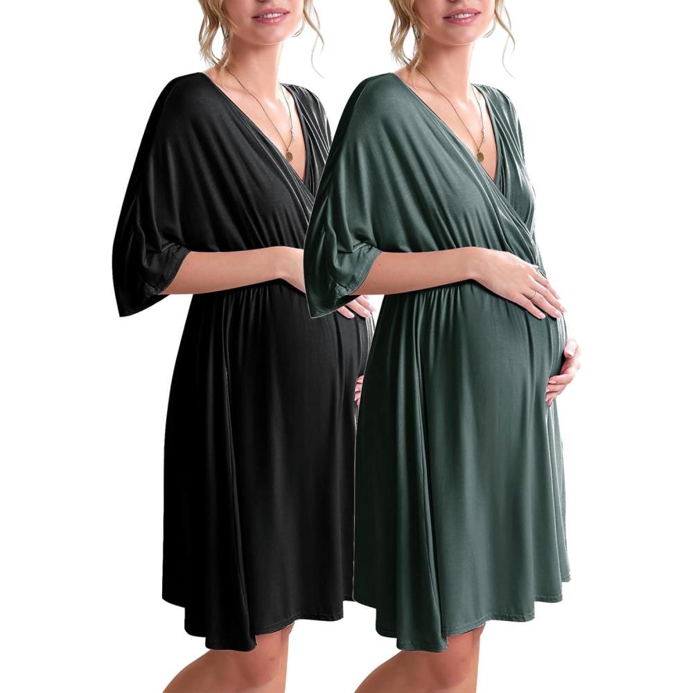 imageEkouaer 3 in 1 LaborDeliveryHospital Gown 2 Pack Maternity Dress Nursing Nightgown SleepwearBlackDark Green