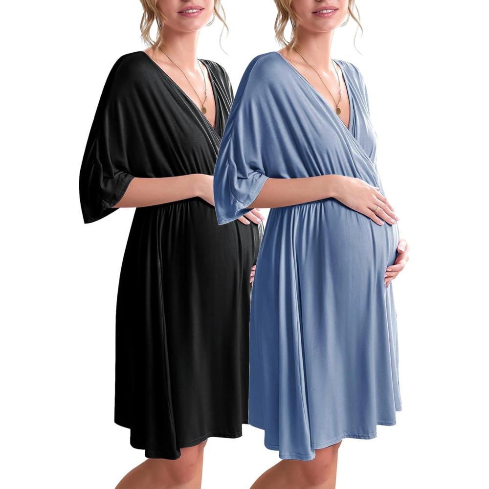 imageEkouaer 3 in 1 LaborDeliveryHospital Gown 2 Pack Maternity Dress Nursing Nightgown SleepwearBlackLake Blue