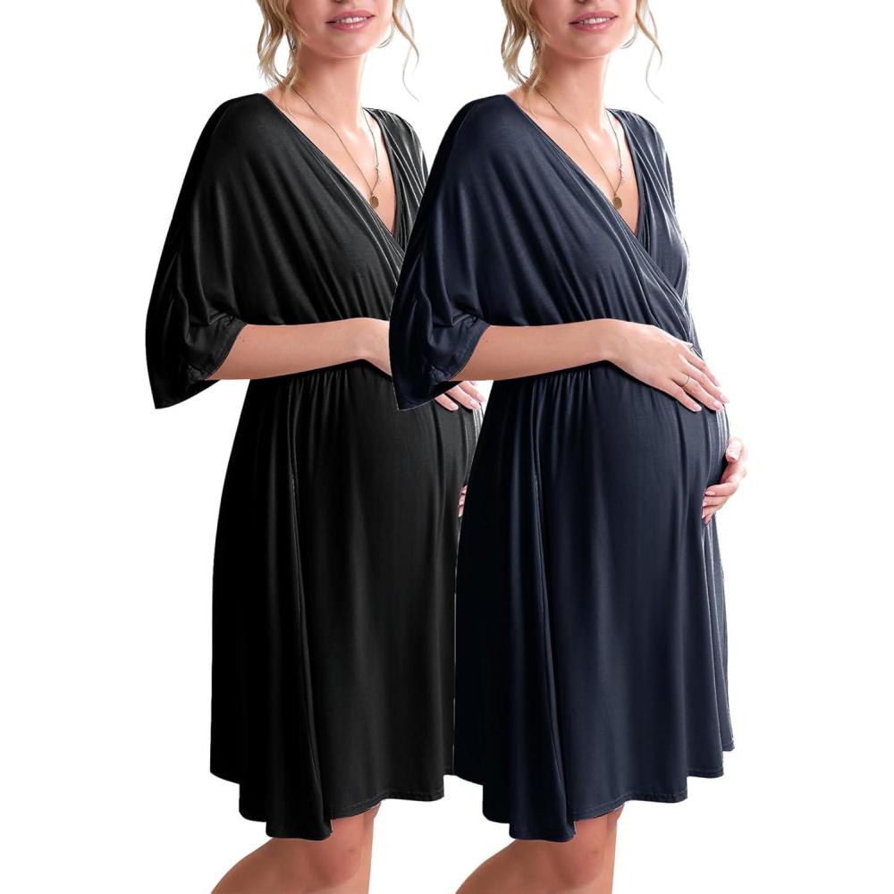 imageEkouaer 3 in 1 LaborDeliveryHospital Gown 2 Pack Maternity Dress Nursing Nightgown SleepwearBlackNavy Blue