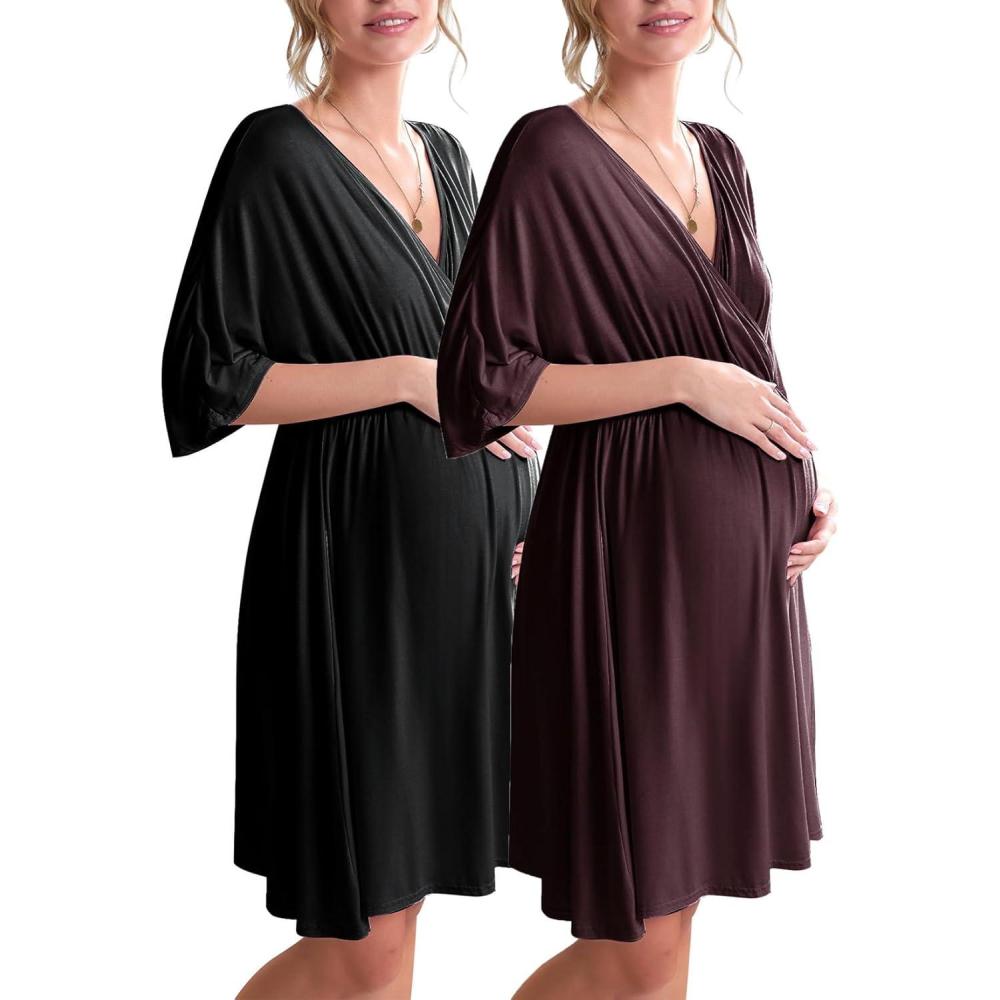 imageEkouaer 3 in 1 LaborDeliveryHospital Gown 2 Pack Maternity Dress Nursing Nightgown SleepwearBlackWine Red