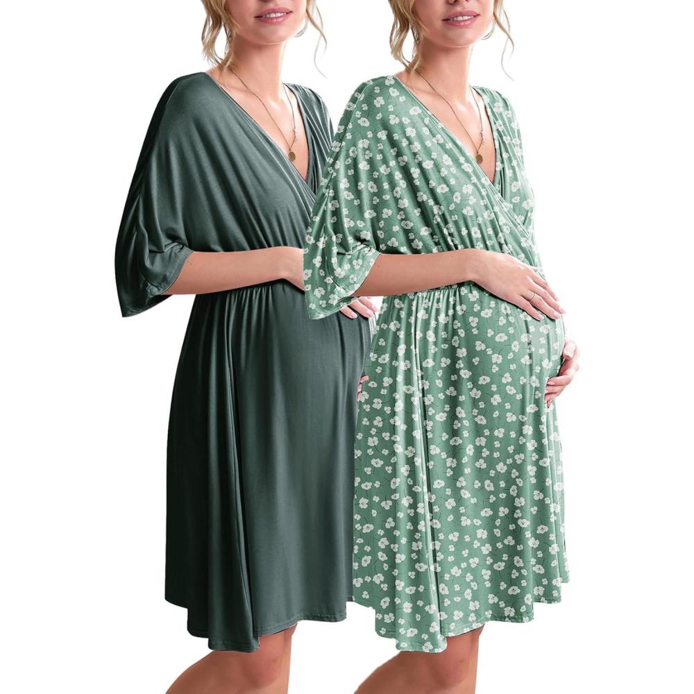 imageEkouaer 3 in 1 LaborDeliveryHospital Gown 2 Pack Maternity Dress Nursing Nightgown SleepwearDark GreenGreen Floral