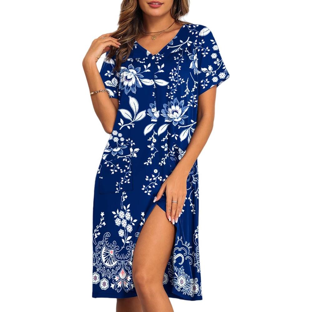 imageEkouaer House Dresses for Women with Pockets Button Down Nightgowns Plus Size Moo Moos Mumu Dresses Floral Print S3XLEthnic Navy