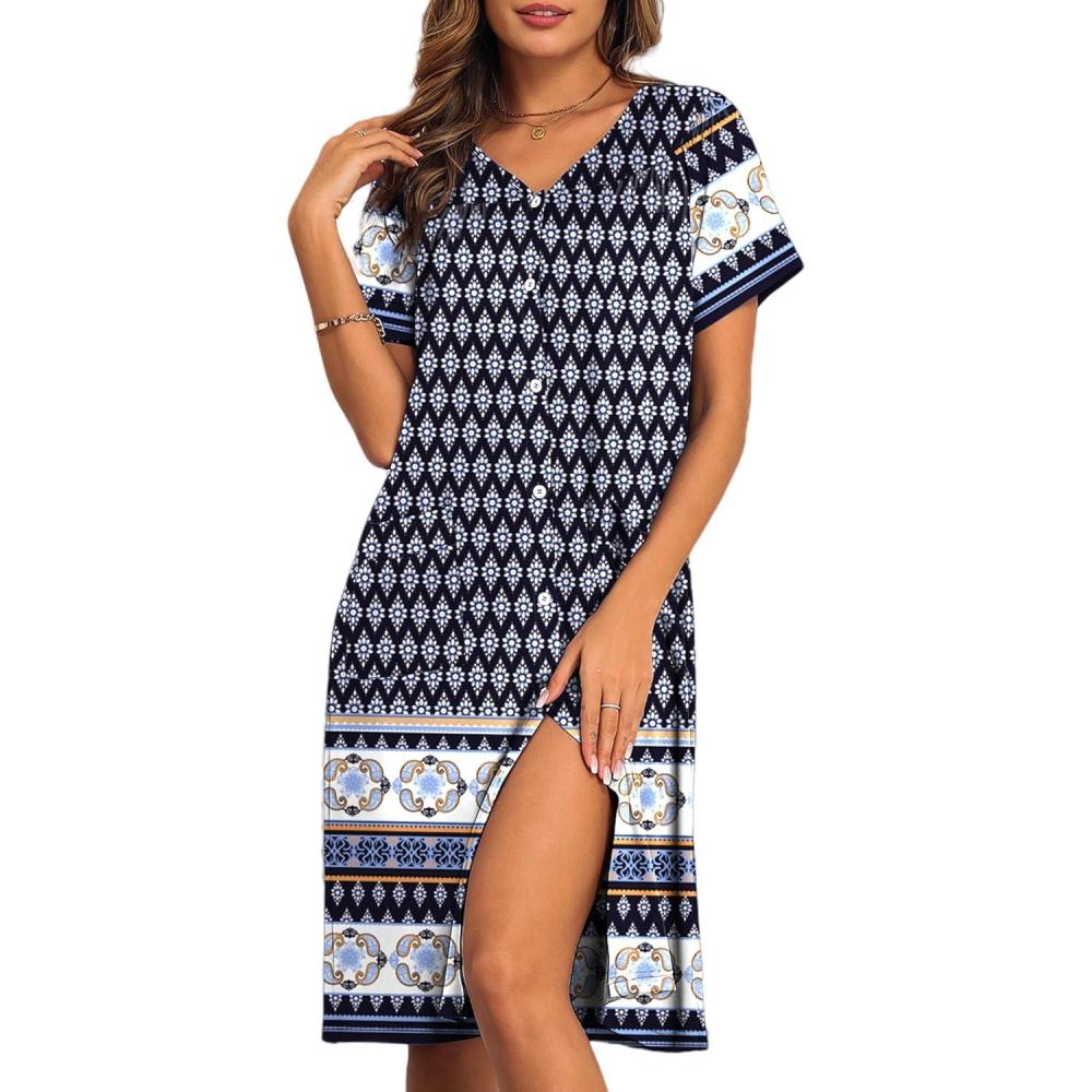 imageEkouaer House Dresses for Women with Pockets Button Down Nightgowns Plus Size Moo Moos Mumu Dresses Floral Print S3XLEthnic Navy Blue