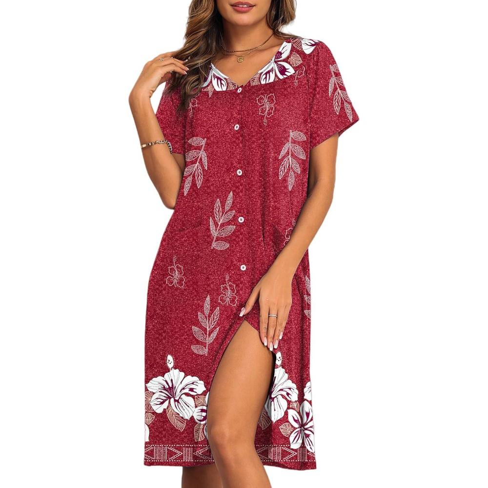 imageEkouaer House Dresses for Women with Pockets Button Down Nightgowns Plus Size Moo Moos Mumu Dresses Floral Print S3XLRed Flower