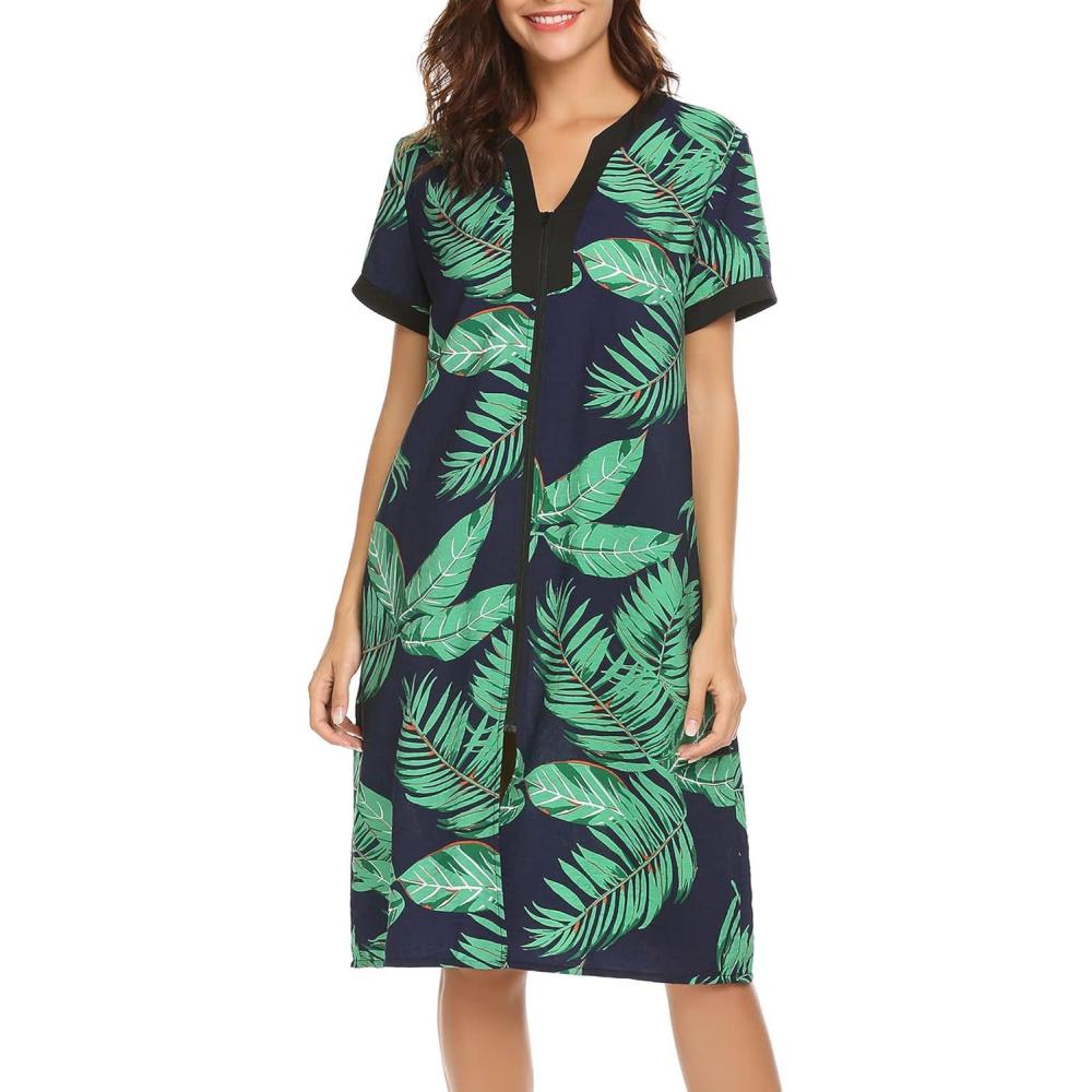 imageEkouaer Housecoat Women Zipper Front Duster Robe Short Sleeve Lounger Housedress Pockets Nightgown Casual Nights SXXXLBlack Green Leaves