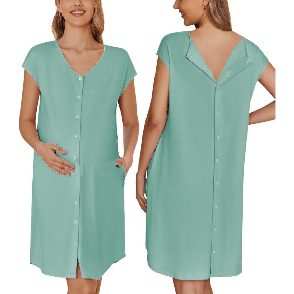 imageEkouaer LaborDeliveryHospital Gown Nursing Nightgown Maternity Sleepwear With Pockets Postpartum Gowns with Button SXXLGrey Grenn