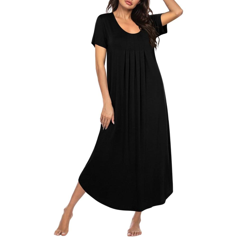 imageEkouaer Long Nightgowns for Women Plus Size House Dress Short Sleeve Night Gown Pleated Full Length Loungwear S4XLBlack
