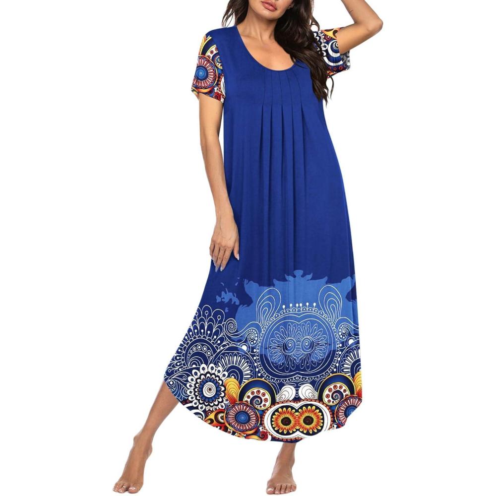 imageEkouaer Long Nightgowns for Women Plus Size House Dress Short Sleeve Night Gown Pleated Full Length Loungwear S4XLBlue Mandala