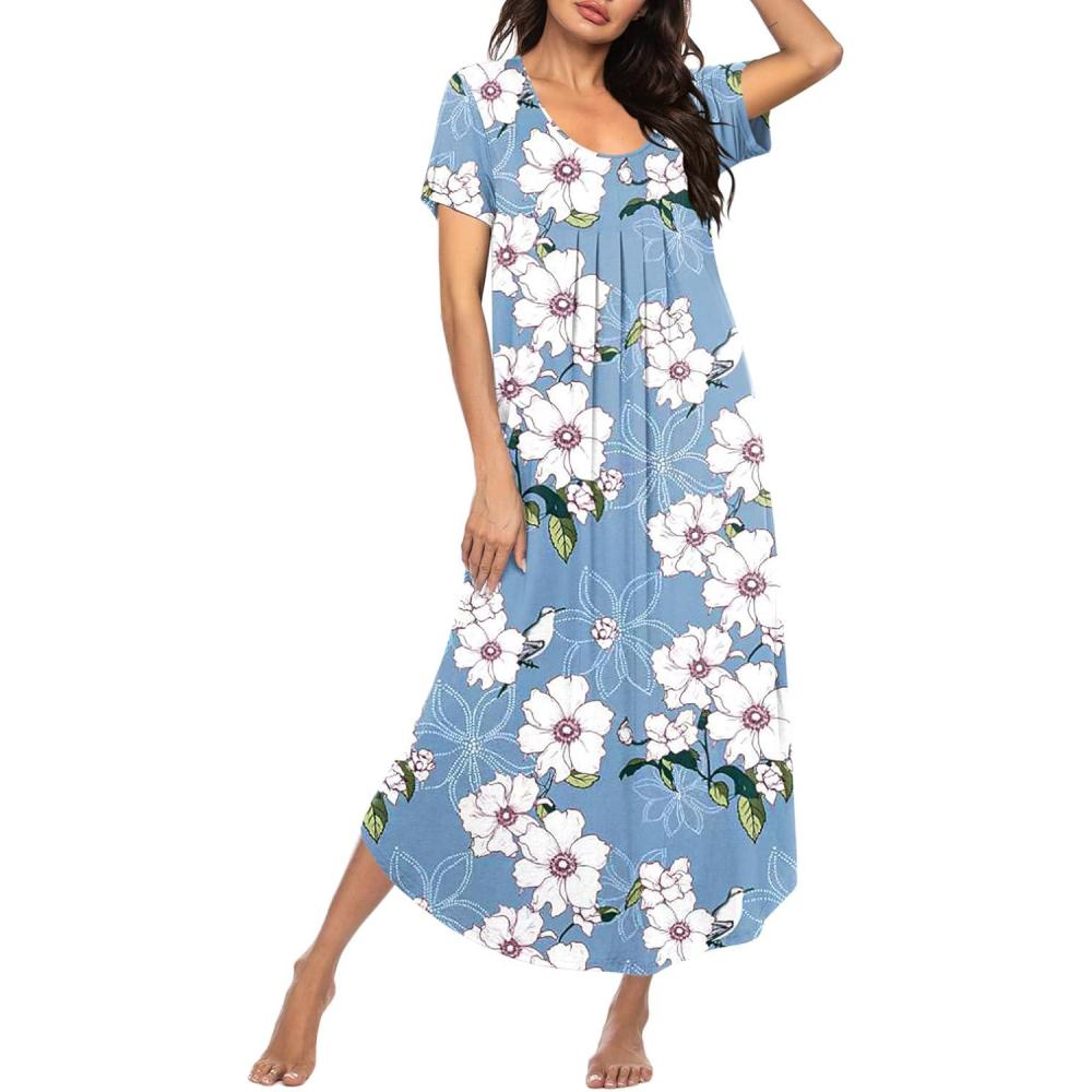 imageEkouaer Long Nightgowns for Women Plus Size House Dress Short Sleeve Night Gown Pleated Full Length Loungwear S4XLBlue White Flowers