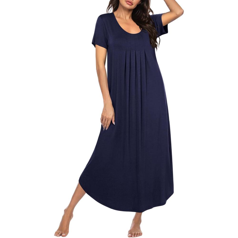 imageEkouaer Long Nightgowns for Women Plus Size House Dress Short Sleeve Night Gown Pleated Full Length Loungwear S4XLNavy Blue