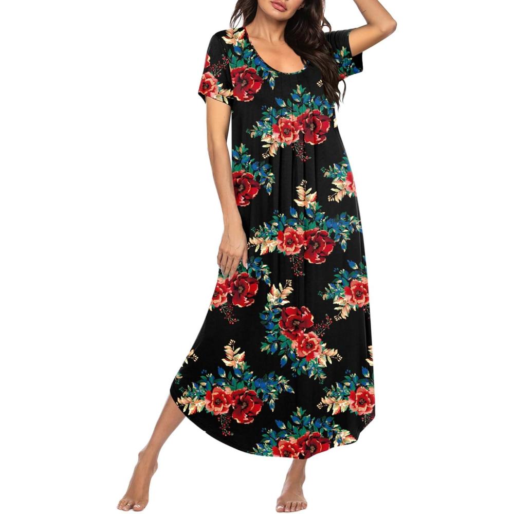 imageEkouaer Long Nightgowns for Women Plus Size House Dress Short Sleeve Night Gown Pleated Full Length Loungwear S4XLRed Flowers