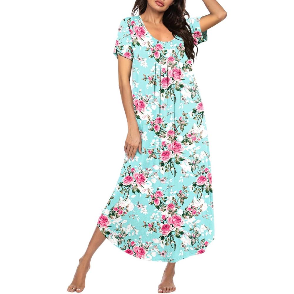 imageEkouaer Long Nightgowns for Women Plus Size House Dress Short Sleeve Night Gown Pleated Full Length Loungwear S4XLRose Flower