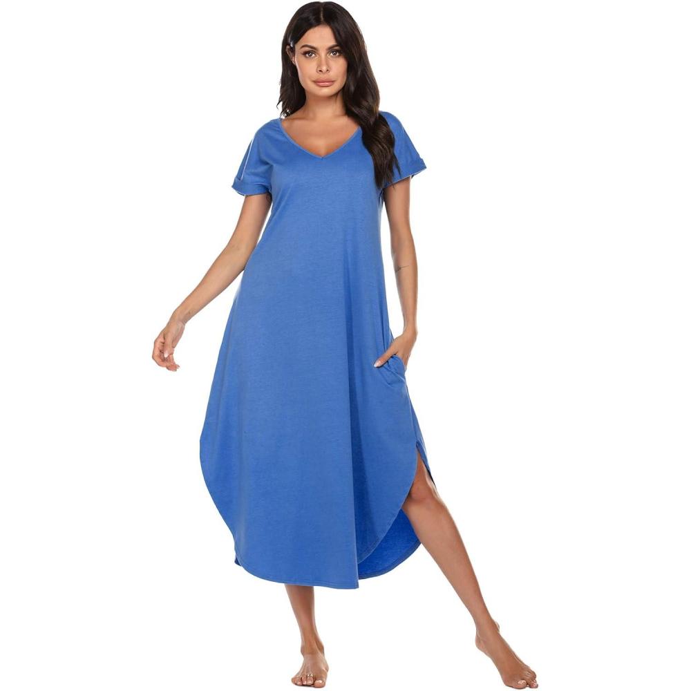 imageEkouaer Long Nightgowns for Women Short Sleeve House Dress with Pockets V Neck Sleepshirts Side Split Sleepwear Blue Small