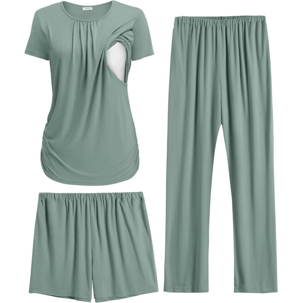 imageEkouaer Maternity Nursing Pajamas Set 3 Piece Postpartum Lounge Breastfeeding Pjs Pregnancy Shorts amp Pants SXXLGray Green