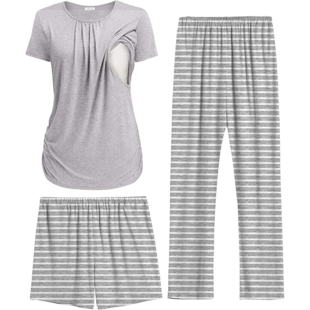 imageEkouaer Maternity Nursing Pajamas Set 3 Piece Postpartum Lounge Breastfeeding Pjs Pregnancy Shorts amp Pants SXXLLight Gray Stripe