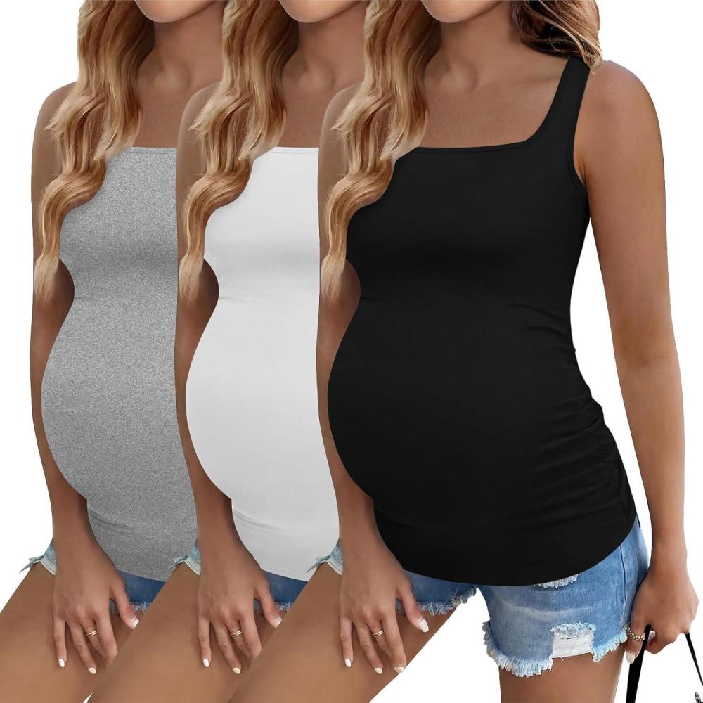 imageEkouaer Maternity Tank Tops 3 Pack Square Neck Pregnancy Shirts for Women Summer Ruched Side Sleeveless Pregnant Clothes TopBlackLight GreyWhite