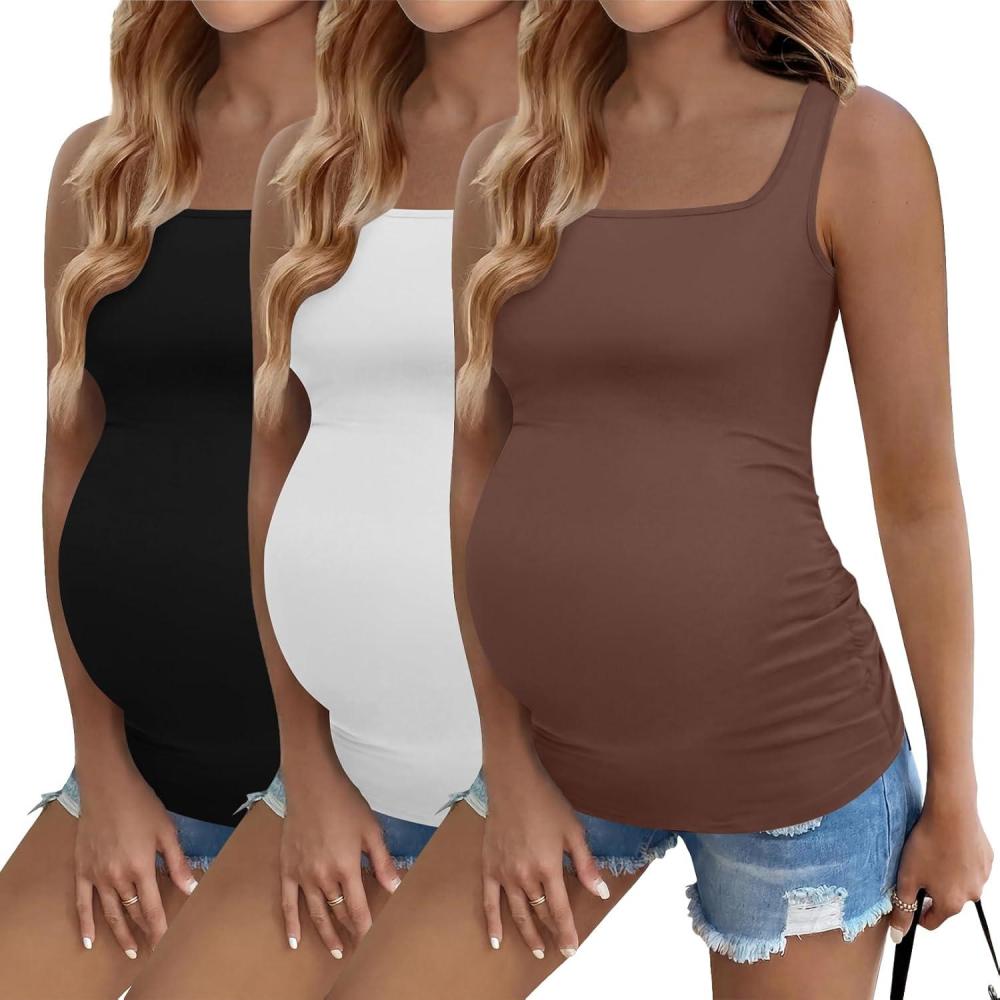 imageEkouaer Maternity Tank Tops 3 Pack Square Neck Pregnancy Shirts for Women Summer Ruched Side Sleeveless Pregnant Clothes TopBrownBlackWhite