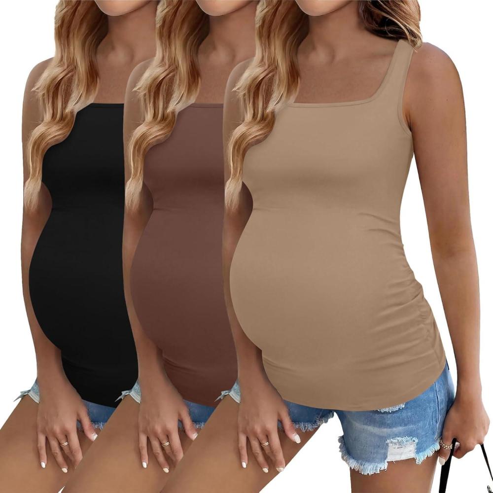 imageEkouaer Maternity Tank Tops 3 Pack Square Neck Pregnancy Shirts for Women Summer Ruched Side Sleeveless Pregnant Clothes TopBrownKhakiBlack